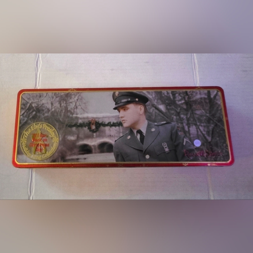 Vintage Russell Stover Elvis Presley Christmas Tin Container w/Hinged Lid 2000